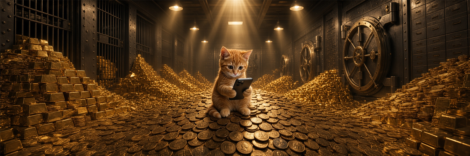 meowonfone kitten sitting on a vault of gold coins, on the phone